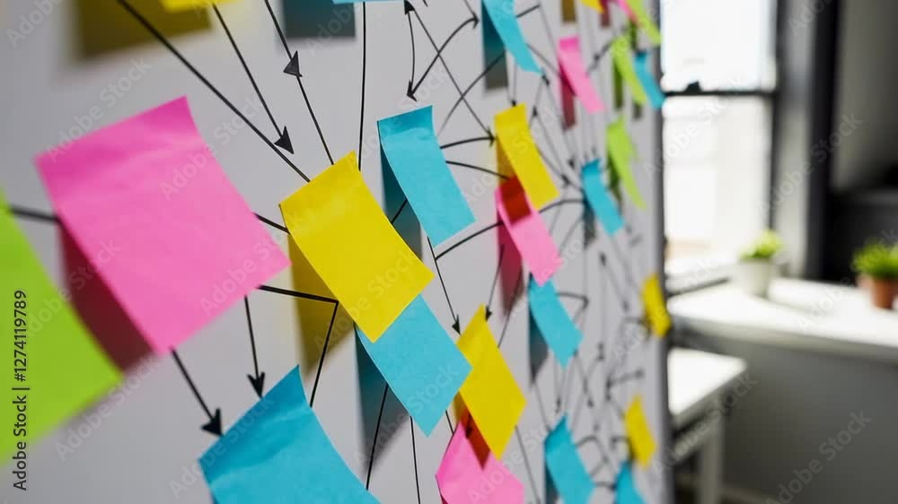 Poster Colorful sticky notes attached to a whiteboard with arrows connecting them, symbolizing a business strategy or project development in slow motion