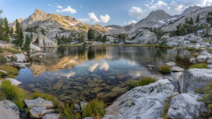 A serene mountain landscape reflecting in a calm lake surrounded by rocky terrain and trees.