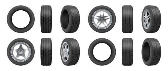 Car tires of rubber with disks. Vector realistic isolated set of tyres in different positions. Automobile wheels and maintenance. Truck or vehicle repairing and replacement for next season
