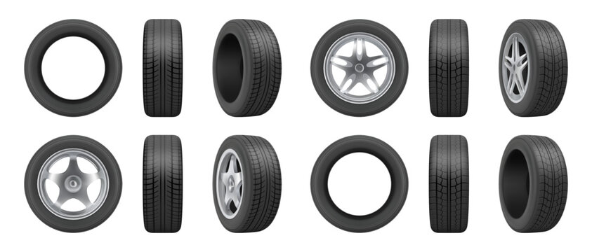 Car tires of rubber with disks. Vector realistic isolated set of tyres in different positions. Automobile wheels and maintenance. Truck or vehicle repairing and replacement for next season
