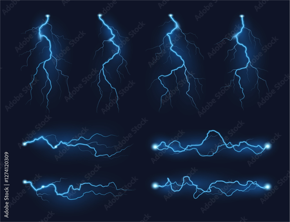 Poster thunderstorm bolts and lightning energy discharge. vector realistic isolated set of bolts for bad we