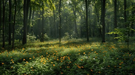 Obraz premium A serene forest scene illuminated by soft sunlight, with vibrant flowers dotting the ground.
