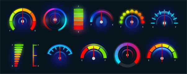 Power level indicators interface with neon light. Vector energy meter, battery gauge bar and animated charging progress with percentage. Measurement panel for energy control, vehicle dashboard © Sensvector