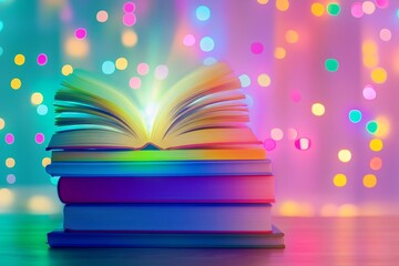Open Book Glowing with Light - A stack of colorful books with one open book glowing, set against a bokeh background