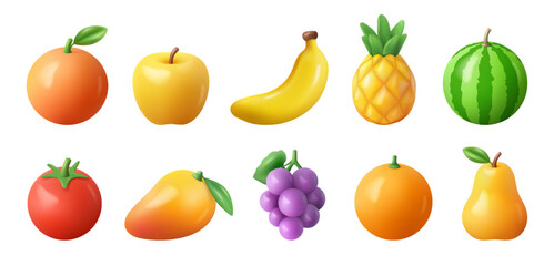 Tropical and exotic fruits set, isolated ripe organic meal for vegans and vegetarians. Vector 3d watermelon and apple, banana and pear, mango and tomato, pineapple and grapes, grapefruit and orange