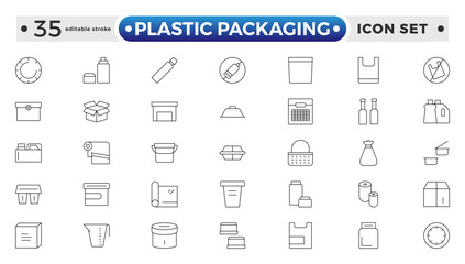 Plastic packaging outline icons set. Disposable tableware, water bottle, blister pack, container, canister, garbage bag, bubble wrap vector illustration. Editable stroke outline icon. 
