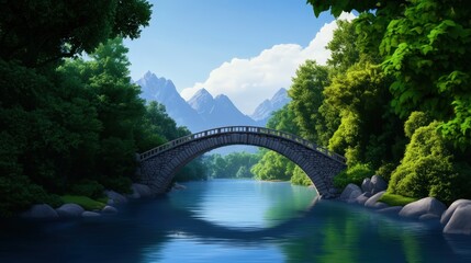 A tranquil scene featuring a picturesque bridge over a serene river, surrounded by lush greenery and majestic mountains in the background, evoking peace and natural beauty.