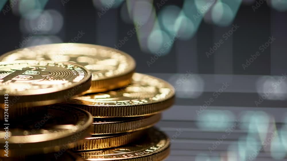 Poster cryptocurrency coins carefully stacking while financial market graph displaying dynamic trading tren