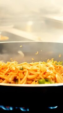 Close-up of a frying pan with stir-fried vegetables and noodles being prepared, showing vibrant colors and textures in a fast-paced cooking environment, perfect for food, cuisine, and kitchen action.