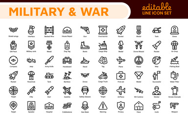 Military & War Icon Set. A powerful collection of icons representing defense and combat themes, perfect for enhancing educational materials, military websites, and historical projects.