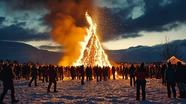 Large Bonfire Festival in Winter Night Sky  
