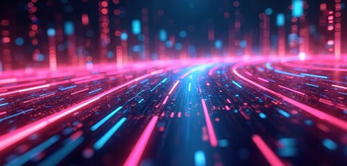 Obraz premium Illustration of abstract futuristic background with pink, blue glowing neon moving high speed wave lines, bokeh lights. Data transfer concept wallpaper, generative Ai art, fantastic stylish design