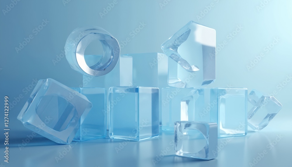 Aufkleber Translucent geometric shapes in ice blue gradient background. 3D render includes cubes, prisms and ring with transparency effects. Design suitable for minimalist modern futuristic tech wallpaper.