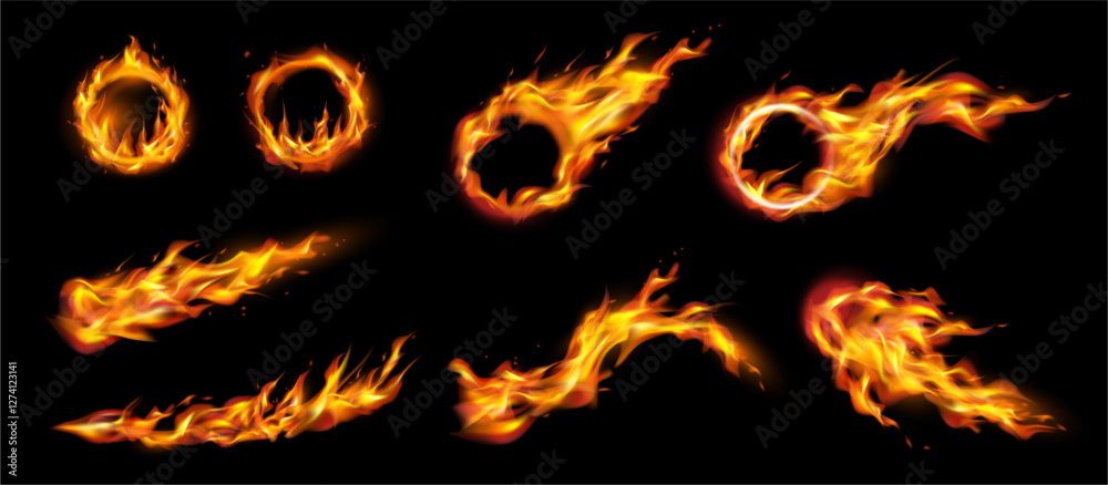 Aufkleber Fire flames on ring, round frame with burning tongues and sparks. Vector realistic circular border with glow effect. Yellow fiery magic portal perspective angle view, set of comets and trails