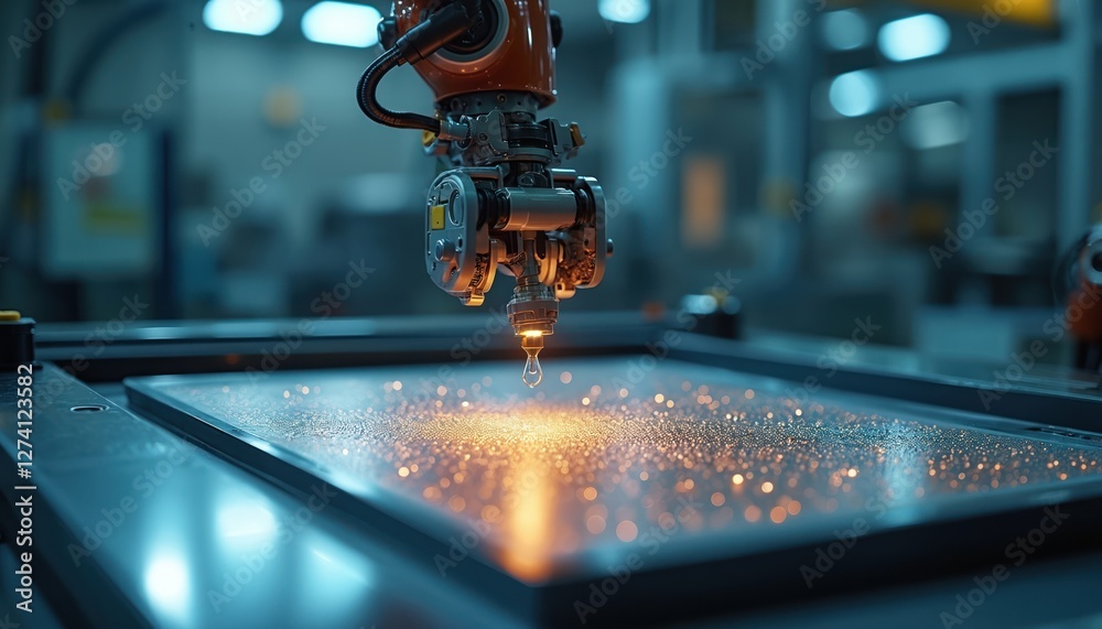 Poster robotic arm precisely works with silicon wafer on tool table. semiconductor manufacturing facility. 