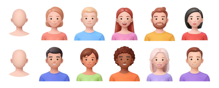Avatar profile picture icons of men and women. Vector 3d style, isolated male and female character. Girls and boys with positive facial expression. Images for social media or personal accounts