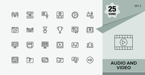 Digital Media icon set. Includes icons for film, audio, thin, sign, radio, music and more. Outline icon collection. Vector icons editable stroke.