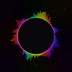 Audio wave equalizer on black background. Futuristic colorful sound wave visualizer. Audio circle spectrum sign, voice graph signal. Vector illustration