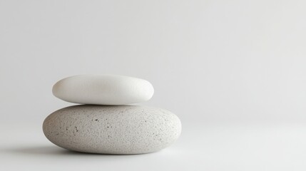 Two Smooth Stones Stacked on White Background, Minimalist Concept