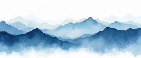 Fototapete Rund Watercolor blue mountain range illustration on white background. Abstract nature landscape with hills, layers. Serene, peaceful view. Chinese ink wash painting concept. Asian traditional misty © miss irine