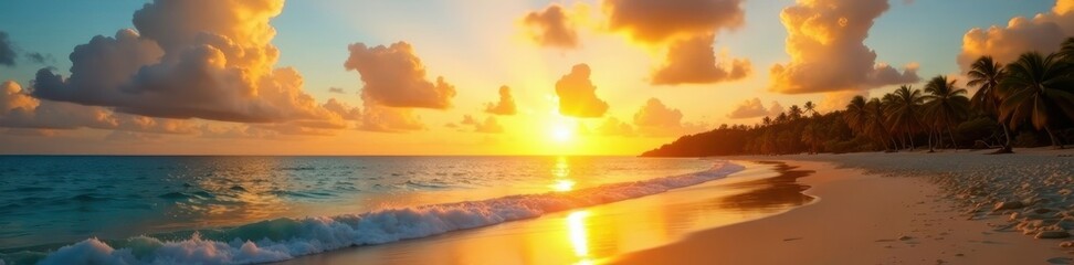 Obraz premium Golden sunrise illuminates Bayahibe Beach, wide panoramic scene , clouds, bright, view