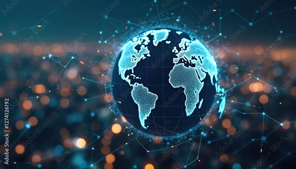 Poster global network data connections, abstract technology background. globe planet earth connected by lin