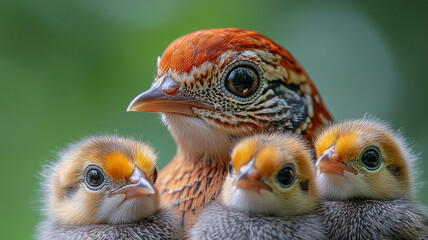 Obraz premium Mother partridge and her chicks in the grass.
