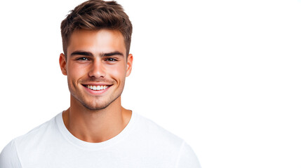 Fototapeta premium Portrait of a happy young man with a bright smile, wearing a white t-shirt against a clean white background - positivity and confidence concept