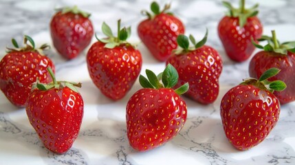 A group of fresh, shiny strawberries arranged on a marble surface.