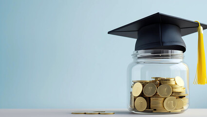 A graduation cap atop a coin-filled jar represents financial planning and education funds