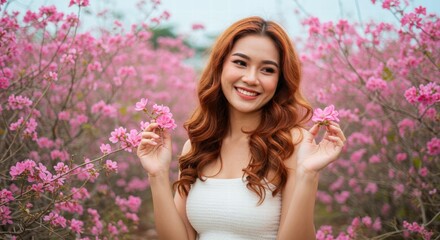 Fototapeta premium Thai Woman with Curly Red Hair in White Top Enjoying Blooming Garden