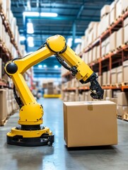 Fototapeta premium Robotic Arm Moving Cardboard Box in Warehouse - A yellow robotic arm carefully lifts and moves a cardboard box in a busy warehouse setting. Automation and efficiency in logistics