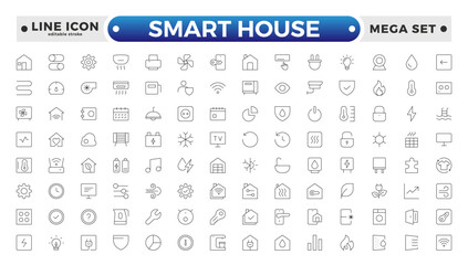 Line icons about smart house. Sustainable development. Contains such icons as renewable energy, autonomous building, air and water quality. Editable stroke outline icon. 
