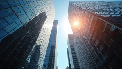 Bottom up shot of modern office buildings in financial district. Abstract panorama of architecture with skyline, urban design, steel, glass facades under sunlight. Contemporary corporate city