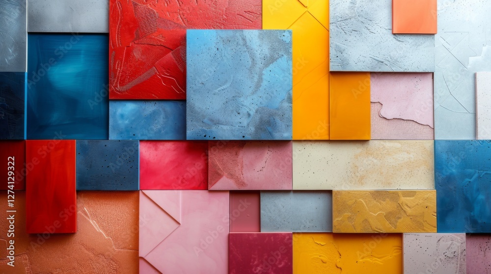 Aufkleber Several colorful panels of different sizes and textures are arranged in an abstract pattern on a wall, showcasing a vibrant mix of materials and paint styles during daylight.