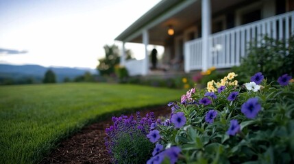Picturesque Suburban Home with Beautiful Floral Garden and Rolling Hills