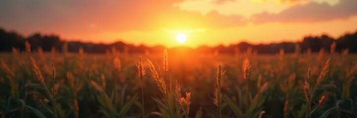 Naklejka premium Sunset-lit wild grass blades, soft focus, vintage tone, vibrant, golden, colors