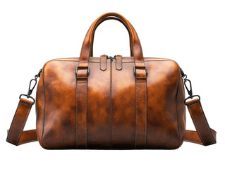 Stylish brown leather duffel bag with dual handles and adjustable strap