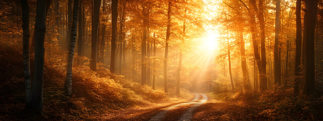 Obraz premium A forest in autumn, with trees of various colors and leaves falling to the ground, creating an enchanting landscape 