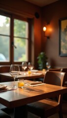 Fototapeta premium Warm wood grain, soft-focus restaurant illumination, wooden tabletop, background
