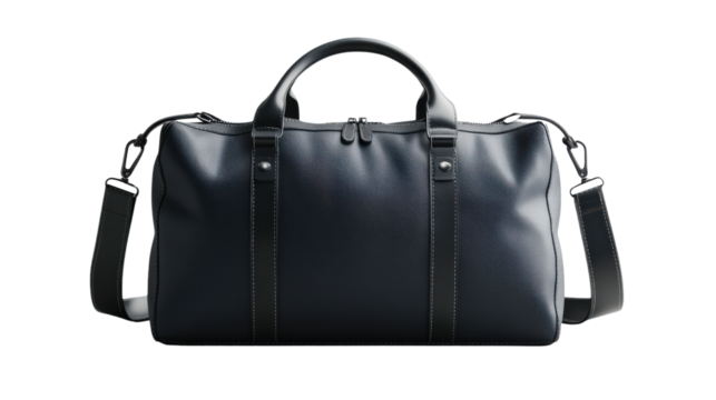 Stylish black leather duffel bag with adjustable strap and handles