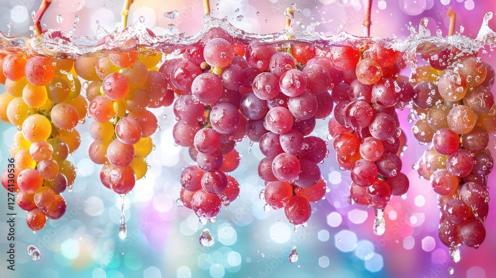 Poster a vibrant display of grapes submerged in water, creating a refreshing and colorful effect.
