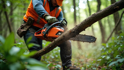 Arborist cuts tree branch with chainsaw in forest. Sawdust flies. Man wears safety gear. Pro logger at work in timberland. Wood cutting job in forestry. Tree maintenance service, limb removal.