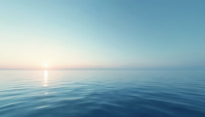 Obraz premium Illustration of calm sea with soft blue gradient sky at sunrise. Sunlight reflects on water surface, creating tranquil seascape. Minimalist design with peaceful, serene atmosphere for relaxation.