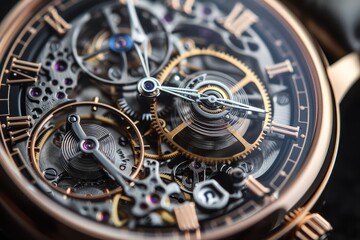 Intricate details of a luxury automatic watch being examined closely by a person's hand indoors in soft lighting during the evening hours