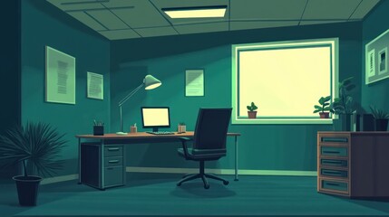 Fototapeta premium Night office scene with desk, computer, and window. Possible use in presentations, posters, or articles about workplace environments