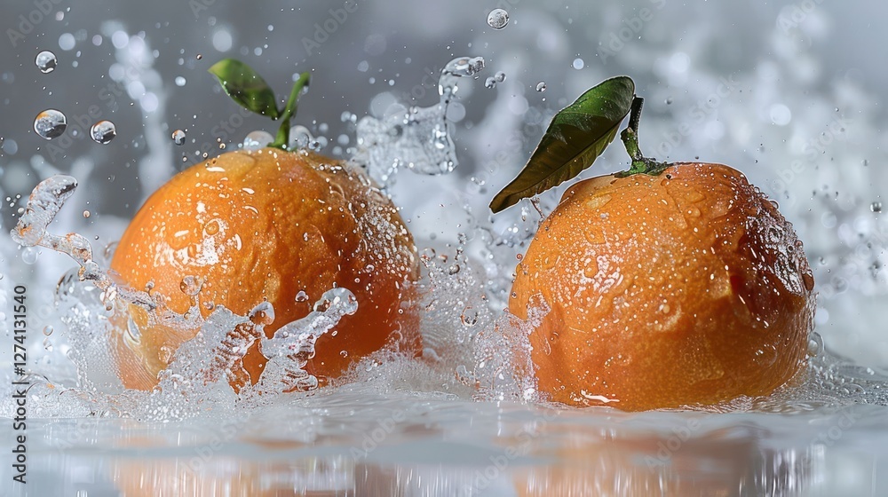 Poster two oranges splashing in water, creating a refreshing visual effect.