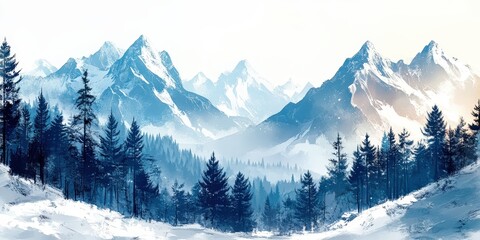 Fototapeta premium Snow-capped peaks embrace evergreen and deciduous forests under a serene pale blue sky, with delicate snow dusting each mountain flank