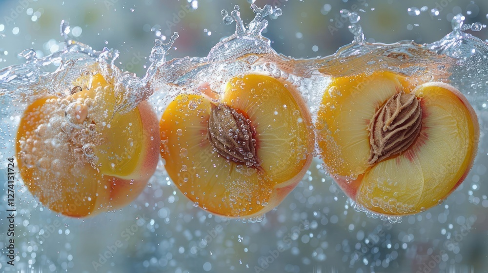 Poster three halved peaches submerged in sparkling water, creating a refreshing visual effect.