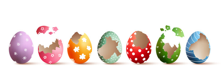 Set of Easter eggs and eggshells broken on white background	